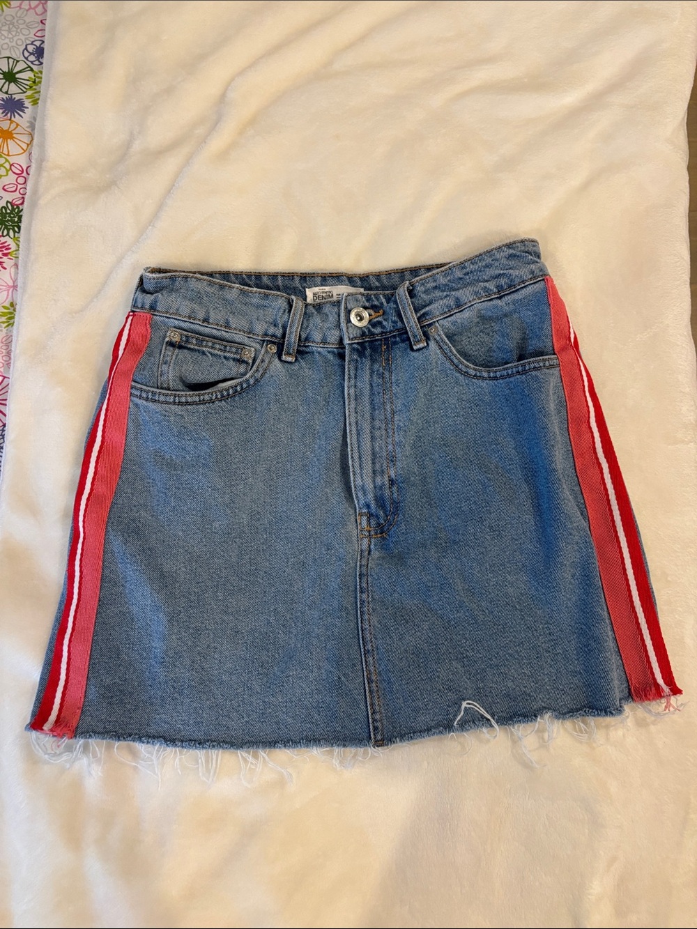 Zara- Light Blue Denim Mini Skirt with Red Side Stripes